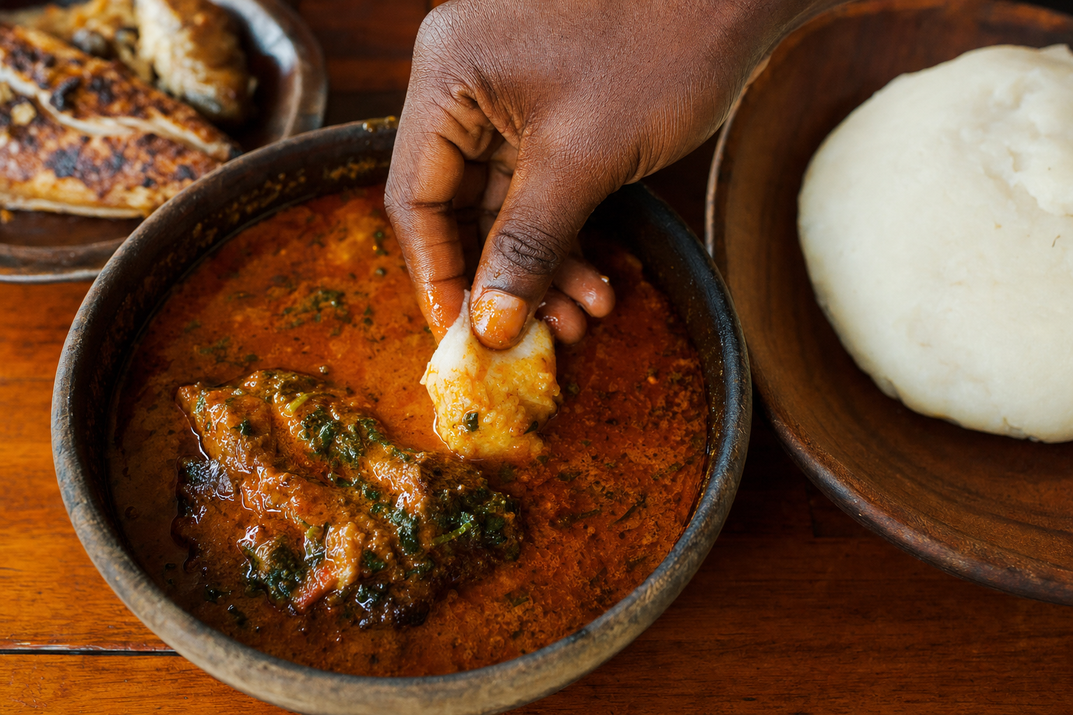 Hands tearing a small piece of fufu over a warm bowl by candlelight